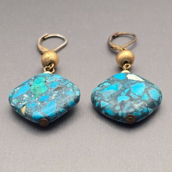 Faux Turquoise Dangle Earrings 2" Gold-Tone Accents & Lever Back Hooks - Picture 2 of 10